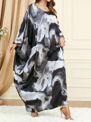 Marble Print Batwing Sleeve Round Neck Plus Size Kaftan Dress