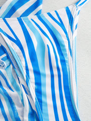 Stripes Print Halter 3 Piece Swimsuit V String Bikini Set