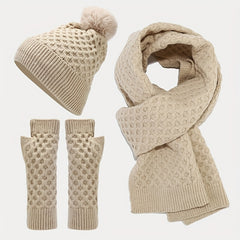 Winter Knit Beanie Scarf Gloves Set Acrylic Warm Accessories Pom Pom Hat