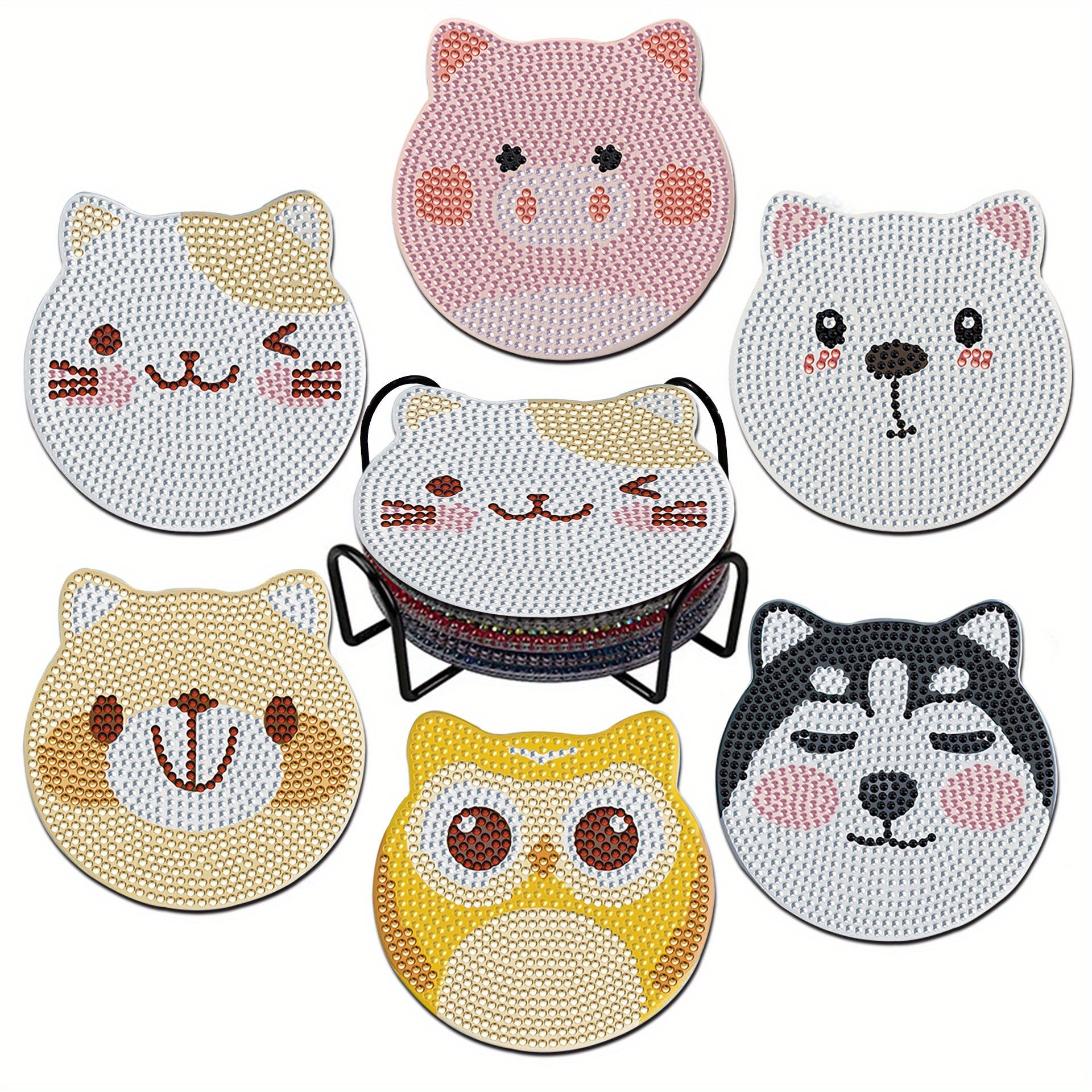 6pcs Artificial Diamond Coaster Set DIY Animal Painted Coaster With Stand