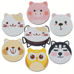 6pcs Artificial Diamond Coaster Set DIY Animal Painted Coaster With Stand