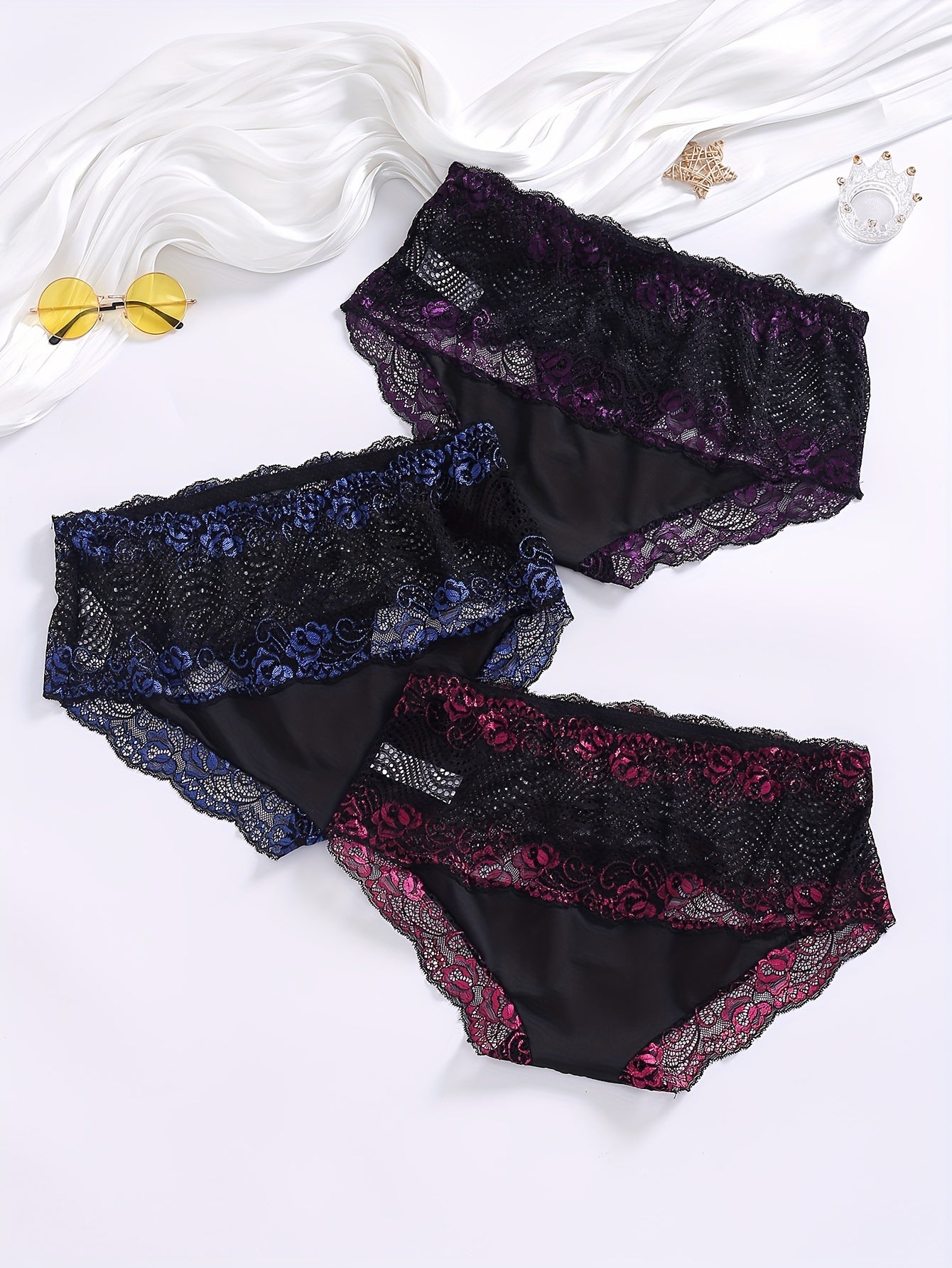 3 Pack Plus Size Sexy Lace Briefs Set Women's Plus Floral Embroidered