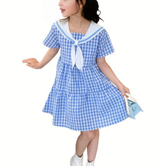 Girls Plaid Dress Short Sleeve Casual Cotton Kids Summer Clothing