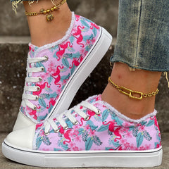 Flamingo Print Canvas Shoes for Women Lace Up Lightweight Low Top Sneakers