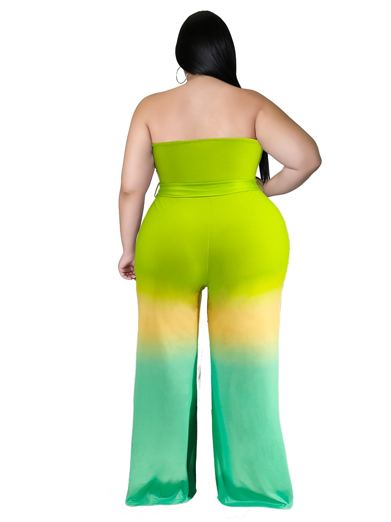 Ombre Print Strapless Flared Leg Jumpsuit With Belt Plus Size