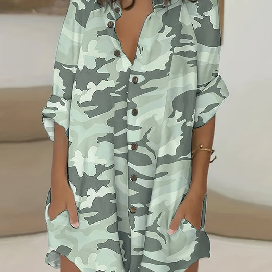 Camo Long Sleeve Button Up Tunic Shirt Top