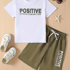Boys Casual POSITIVE Graphic Print Tee&Shorts Set Summer Kids Clothing