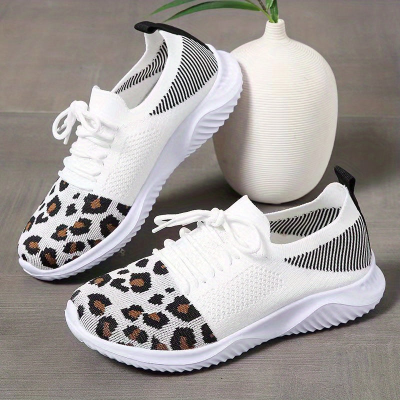 Leopard Printed Mesh Sneakers Lace Up Casual Shoes