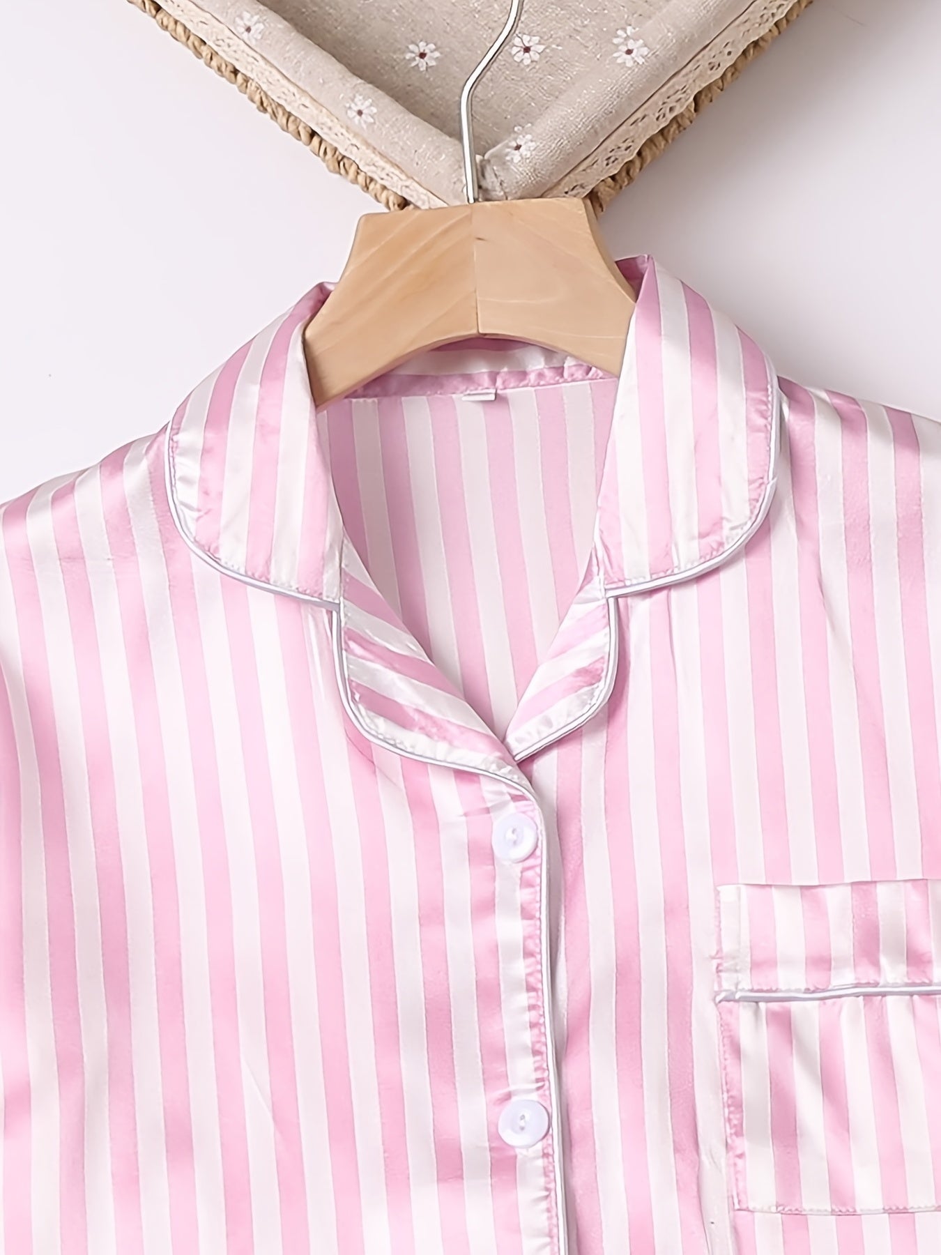 Girls Pink Stripes Pajama Set V Neck Short Sleeve Top & Pants
