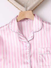 Girls Pink Stripes Pajama Set V Neck Short Sleeve Top & Pants