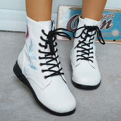 Women's Flower Embroidery Mid Calf Boots Low Heel Outdoor Boots