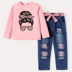 3pc Kid Girl Figure Print Long Sleeve Tee & Belted Ripped Denim Jeans Set