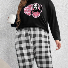 Halloween Loungewear Set Pink Letters & Ghost Skull Print Tee & Plaid