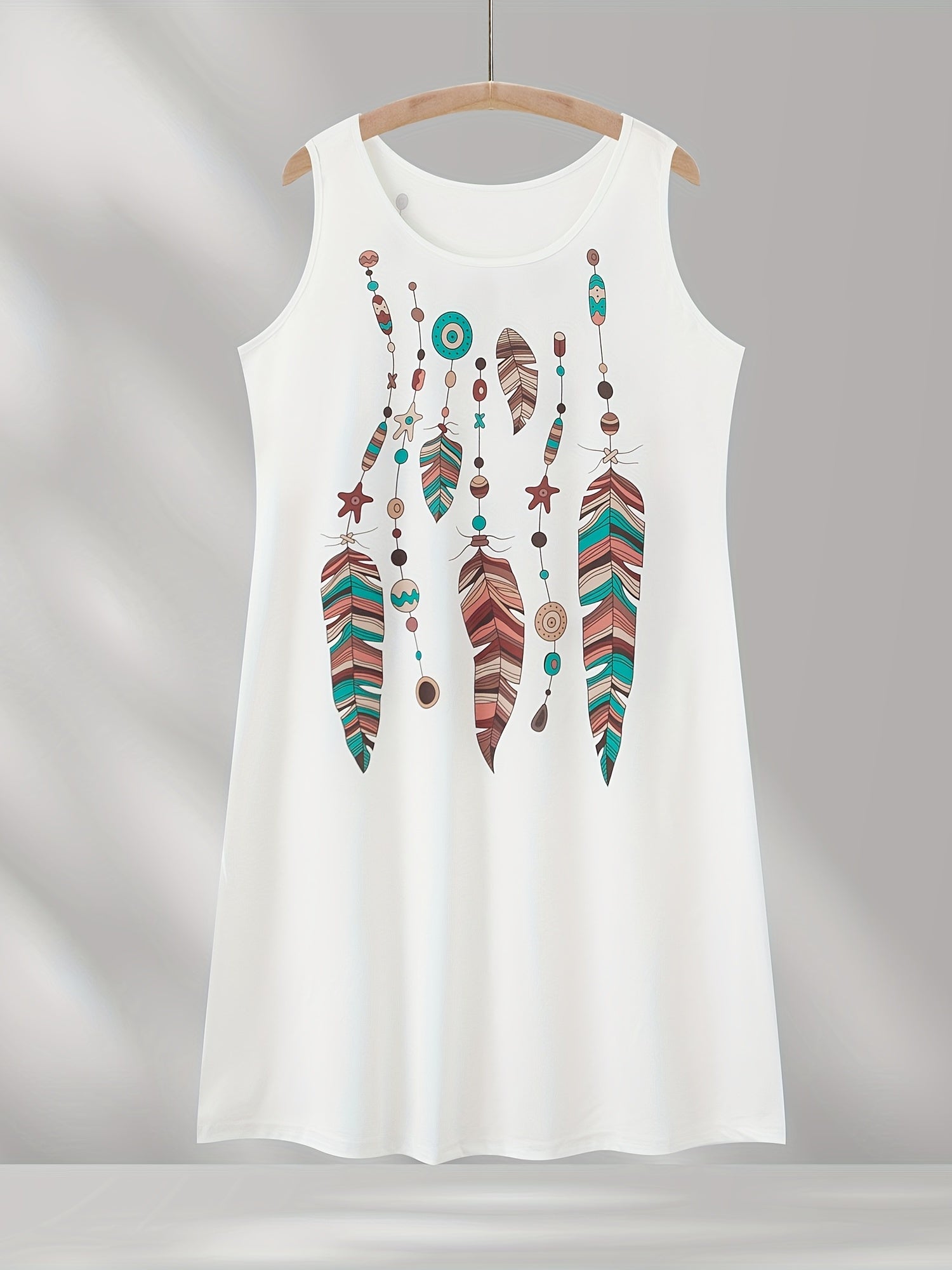 Casual Tank Dress Women's Plus Feather Print Round Neck Slight Stretch