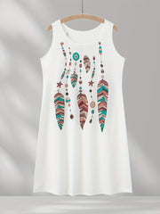 Casual Tank Dress Women's Plus Feather Print Round Neck Slight Stretch