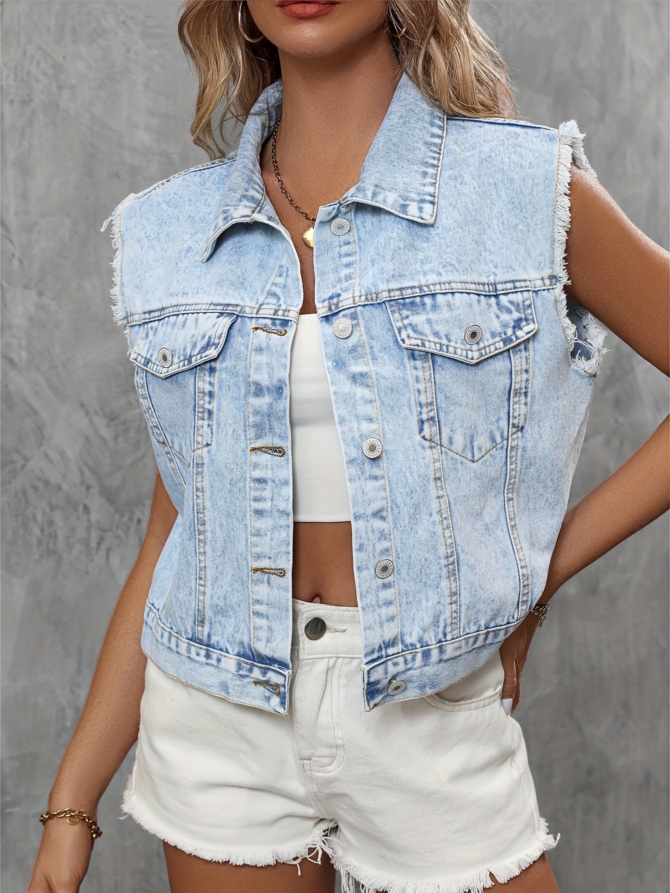 Sleeveless Denim Vest Flap Pockets Lapel Denim Jacket Women's Clothing