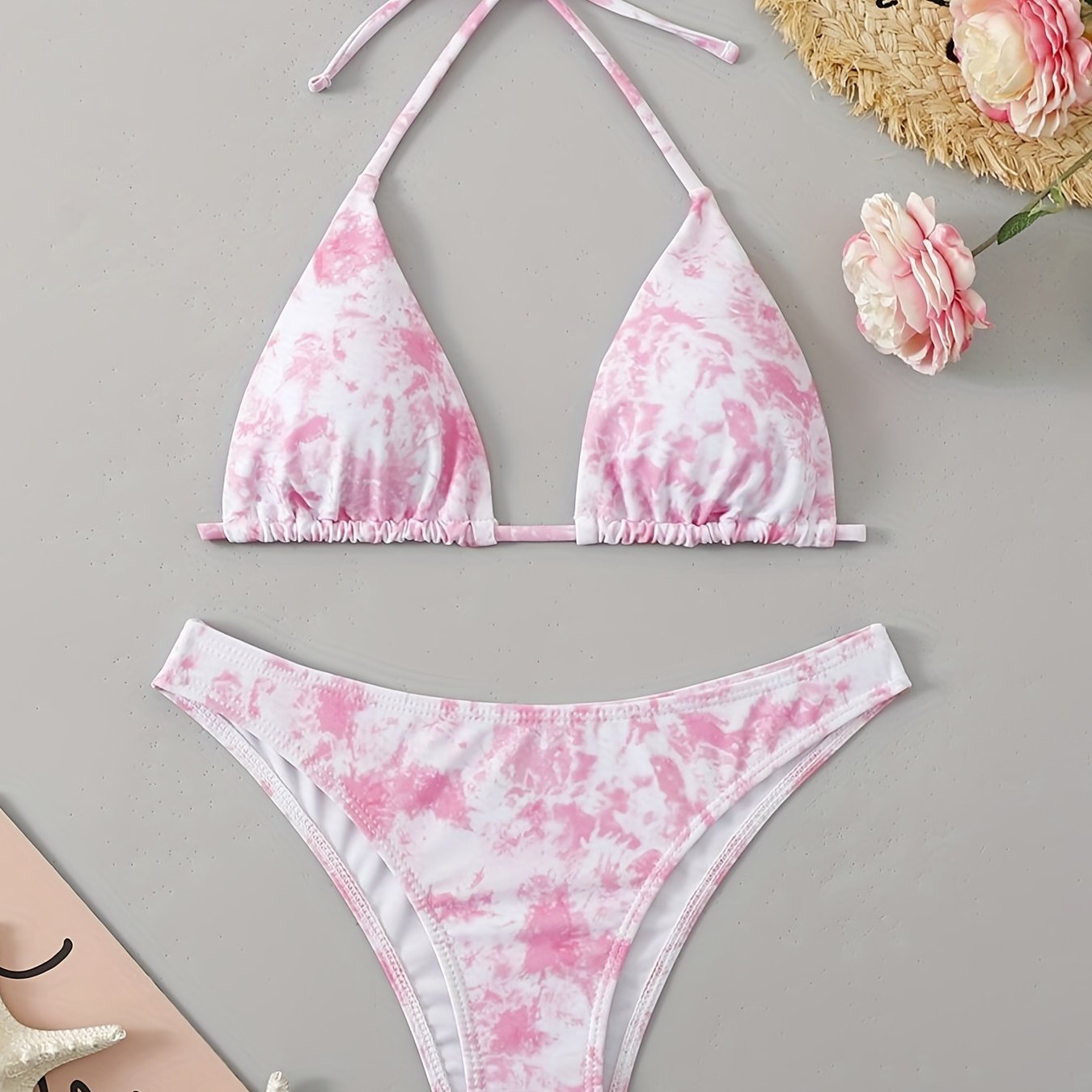 Tie Dye Triangle Bikini Set Halter V Neck Backless High Cut Two Piece Swimsuit