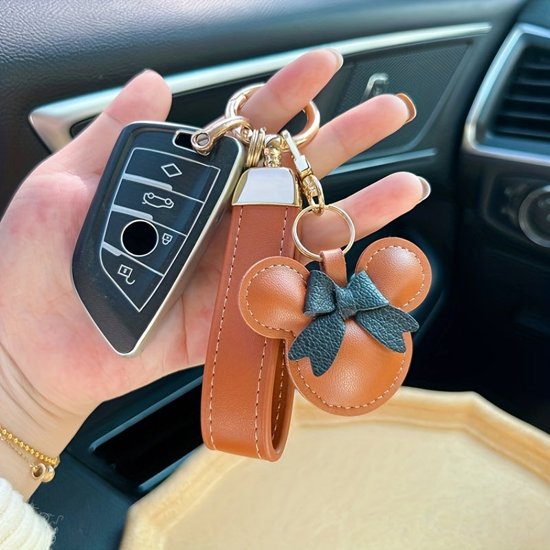 Cartoon Bow Mouse Bracelet Keychain Animal PU Leather Key Ring Gift