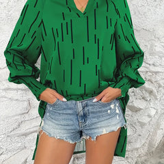 Stripe Print Lantern Sleeve V Neck Tunic Top