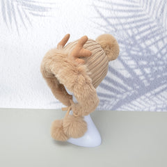 Bubble Beanie Deer Horn Knitted Pom Pom Hat