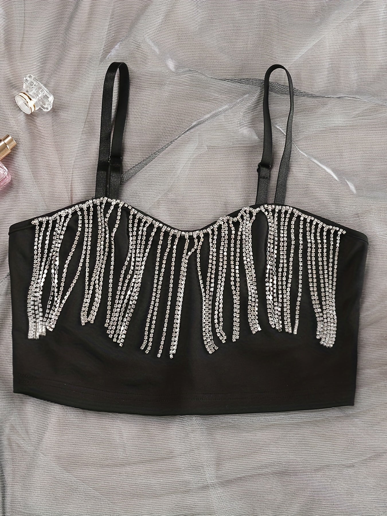 Rhinestone Tassel Crop Top Sexy V Neck Spaghetti Strap Cami