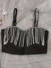Rhinestone Tassel Crop Top Sexy V Neck Spaghetti Strap Cami