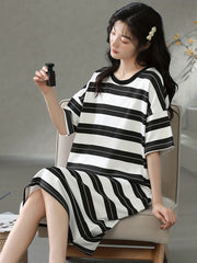 Striped Print Nightdress Short Sleeve Sleep Dress Women's Sleepwear