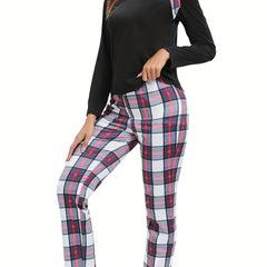 Plaid Print Lounge Set Off Shoulder Top & Pants Women's Loungewear