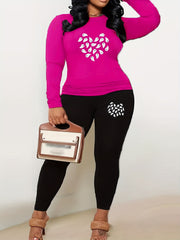 Ghost Heart Print Two piece Set Casual Long Sleeve Tee & Skinny Pants