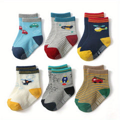 6 Pairs Baby Boys Cartoon Airplane and Car Print Crew Socks