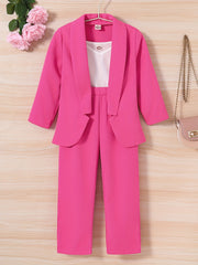 Girls 3pcs Blazer & Camisole & Pants Set Solid Long Sleeve Coat Top Kids Clothes