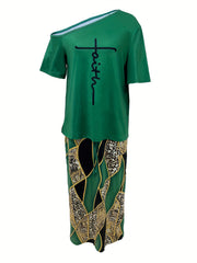 Faith Print Tops & Geo Print Skirts Set