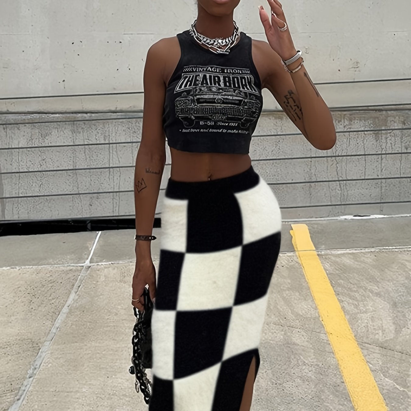 Women's Checkered Skinny Skirts High Waist Casual Skirts