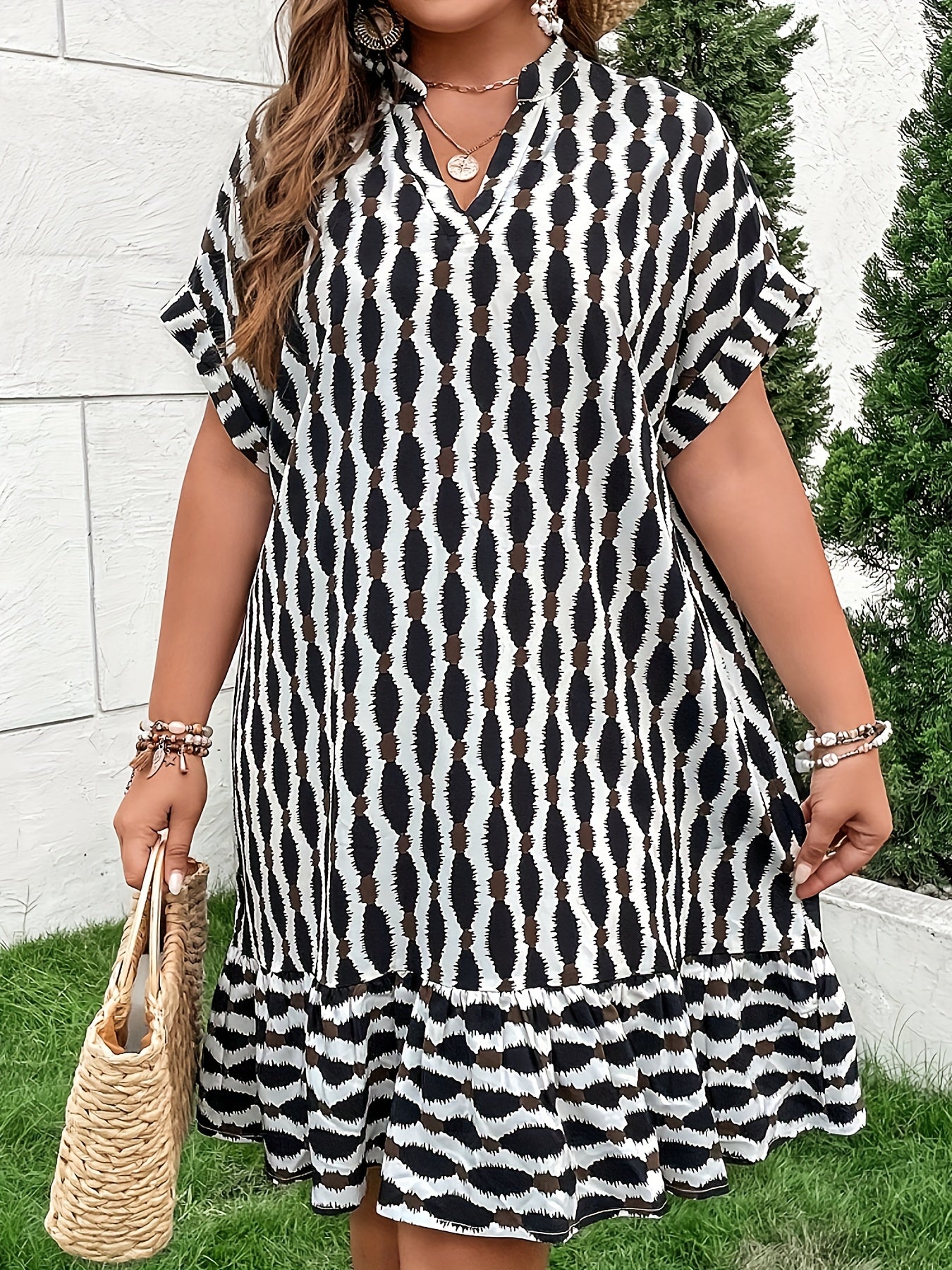 Allover Print Batwing Sleeve V Neck Dropped Waist Dress