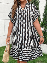 Allover Print Batwing Sleeve V Neck Dropped Waist Dress