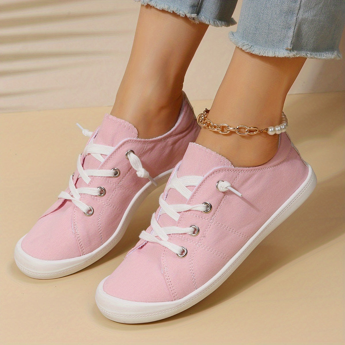 Women's Pink Canvas Low Top Lace Up Sneakers