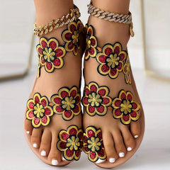 Women's Flowers Flat Sandals Faux Pearl Slip On Shoes