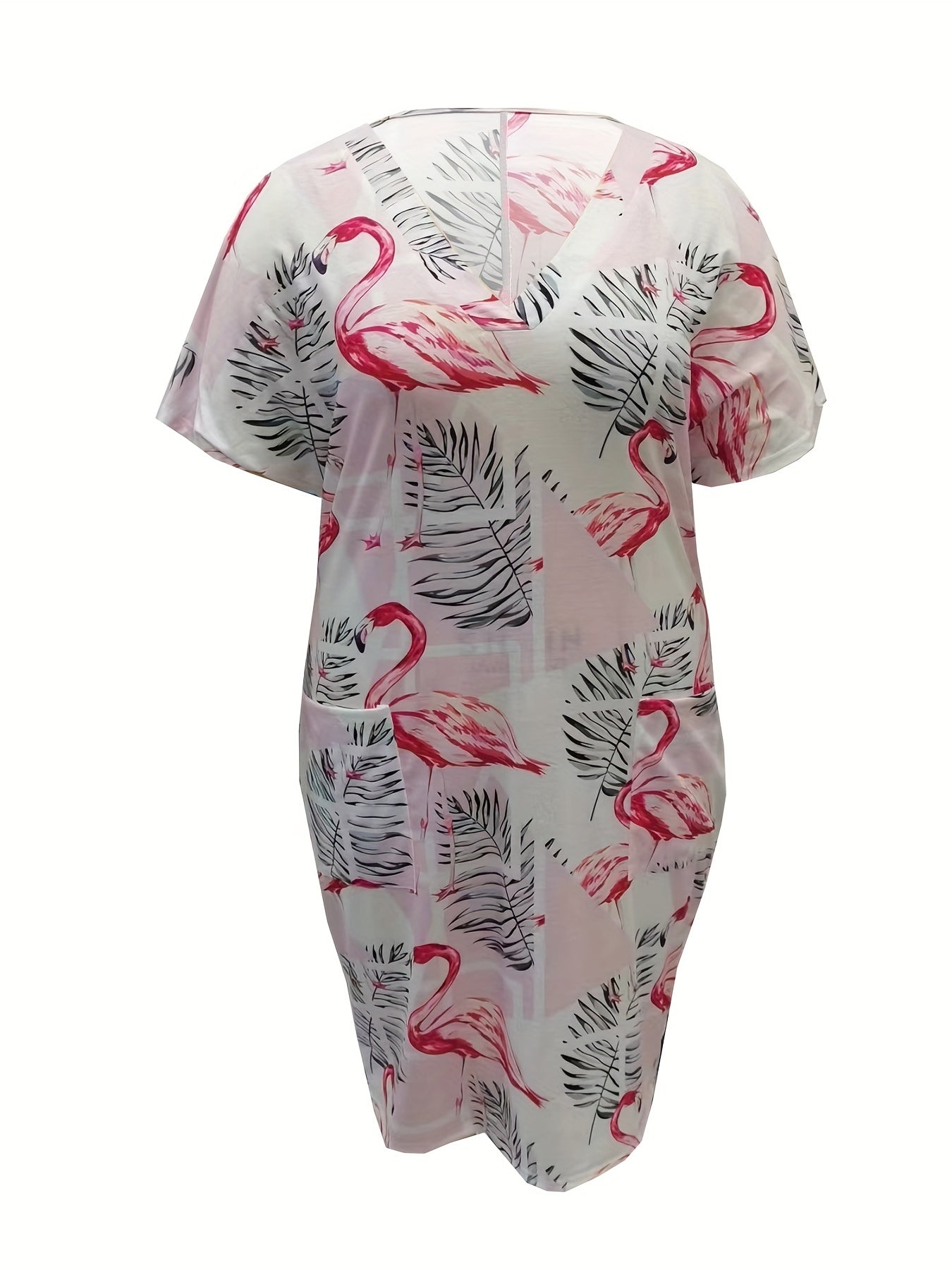Women's Plus Flamingo & Leaf Print V Neck Dress With Pockets