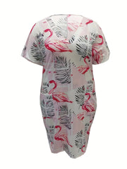 Women's Plus Flamingo & Leaf Print V Neck Dress With Pockets
