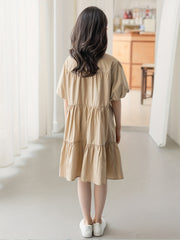 Cotton Puff Sleeve Lapel Dress for Girls