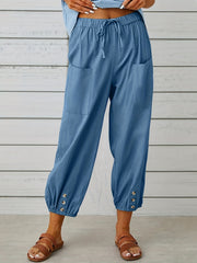 Cropped Pants Drawstring High Waist with Pockets