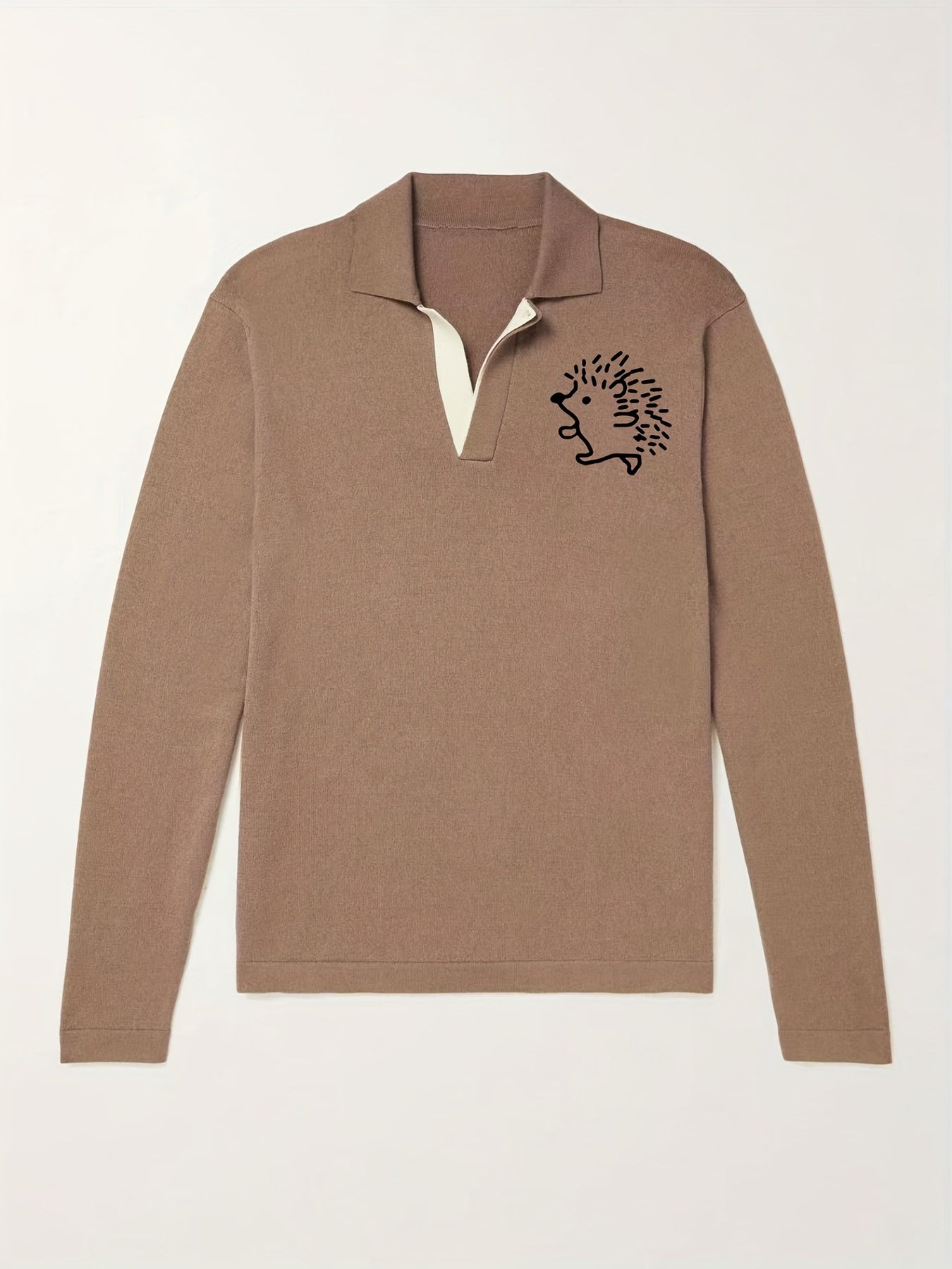 Hedgehog Pattern Knit Polo Shirt Men's Casual V Neck Sweater