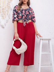Floral Print Butterfly Sleeve V Neck Crop Top & Wide Leg Pants Two Piece Set