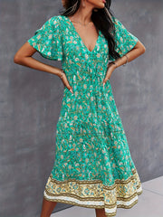 Boho Floral Print V Neck Dress Casual Short Sleeve Dress