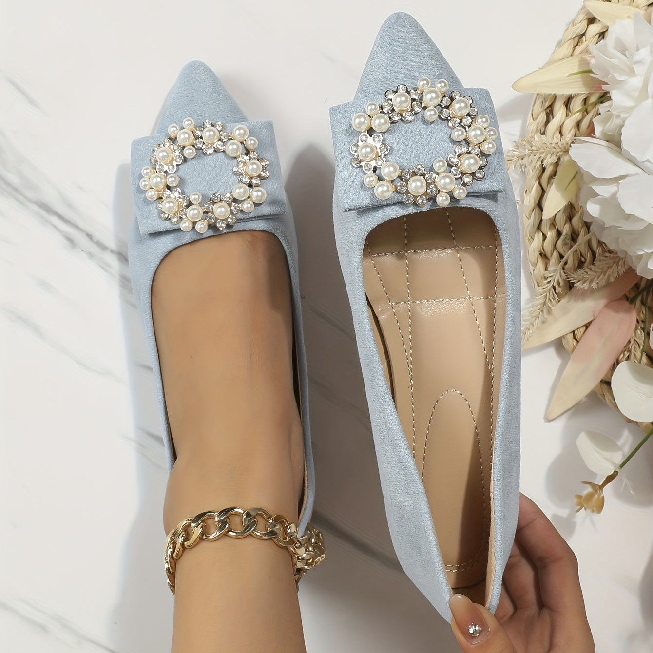 Women's Pointed Toe Ballet Flats with Faux Pearl & Rhinestone Decor