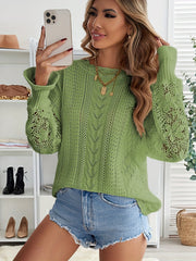 Lace Eyelet Knit Sweater Crew Neck Long Sleeve Women's Clothing