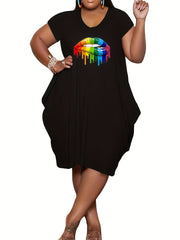 Plus Size Colorful Lip Print Short Sleeve Round Neck Dress
