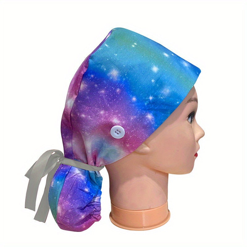 Colorful Cartoon Print Scrub Cap Nurse Hat Elastic Lace Up Working Hat