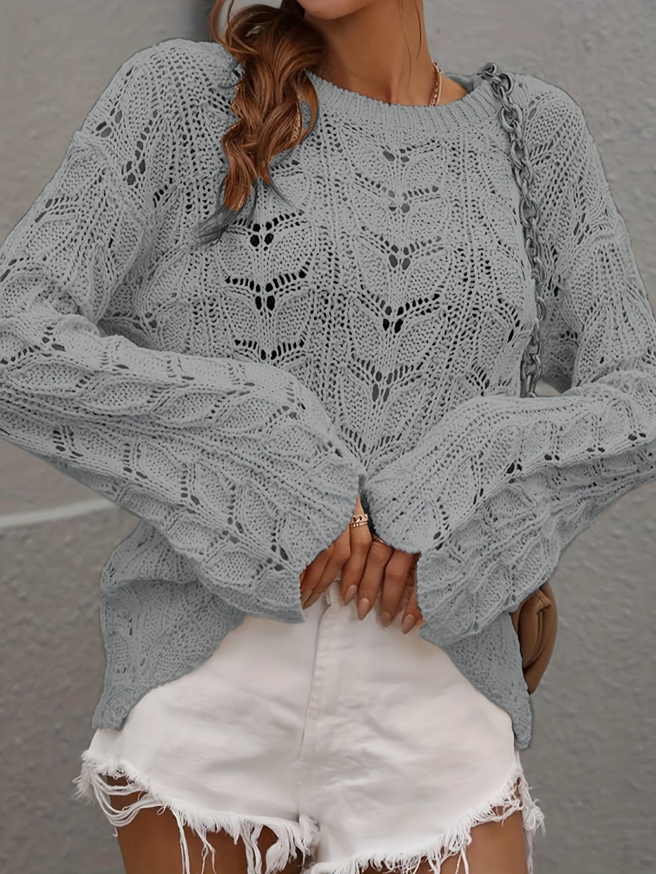 Casual Hollow Out Bell Sleeve Crew Neck Sweater Plus Size