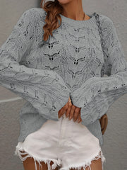 Casual Hollow Out Bell Sleeve Crew Neck Sweater Plus Size